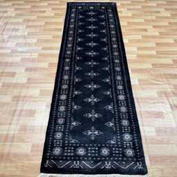 2.6x8 Black 3 Ply Handmade Bokhara Runner Rug - Hallway Stairs Carpet, Extra Thick Pile - thumbnail 3