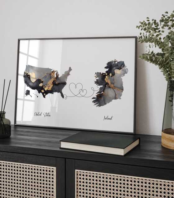 Usa & Ireland Map Black & Gold Travel Wall Art Print - United States America Moving Home Gift - image 1