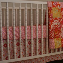 Ready To Ship, Baby Crib Bedding, 3 Pieces, Minky Patchwork Quilt, Matching Crub Sheet & Straight Skirt, Taza in Pink - thumbnail 3