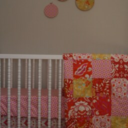 Ready To Ship, Baby Crib Bedding, 3 Pieces, Minky Patchwork Quilt, Matching Crub Sheet & Straight Skirt, Taza in Pink - thumbnail 2