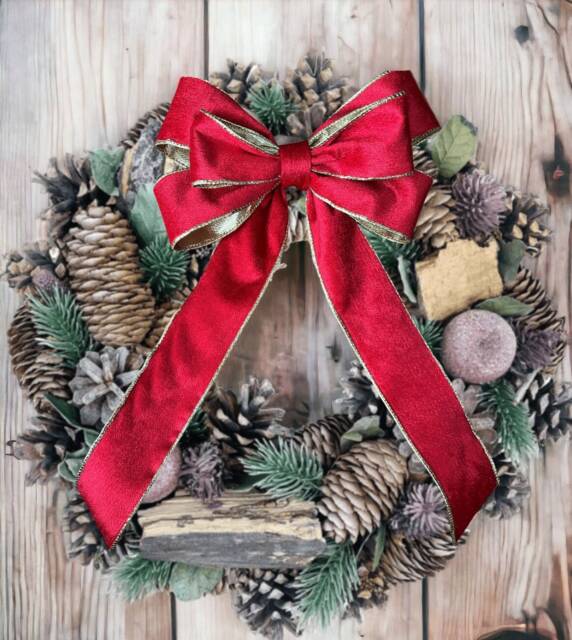 Luxury Faux Velvet Red/Gold Backing 8 Inch Bow With Back Tie. Christmas, Wreaths, Decor - image 1