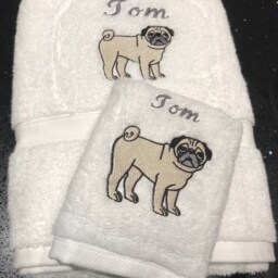 Pug Bath Towel Set/ Embroidery/ Dog Breed Set/ Owner/ Fan - thumbnail 3