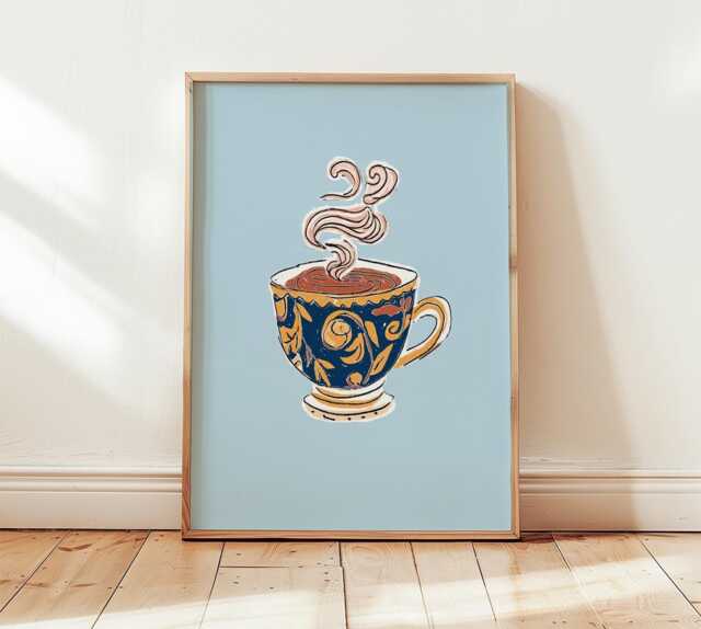 Elegant Coffee Cup Poster, Minimalist Blue Wall Art, Modern Kitchen Decor, Whimsical Steam Illustration Print - image 1