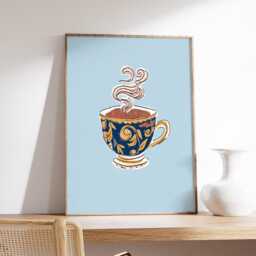 Elegant Coffee Cup Poster, Minimalist Blue Wall Art, Modern Kitchen Decor, Whimsical Steam Illustration Print - thumbnail 2