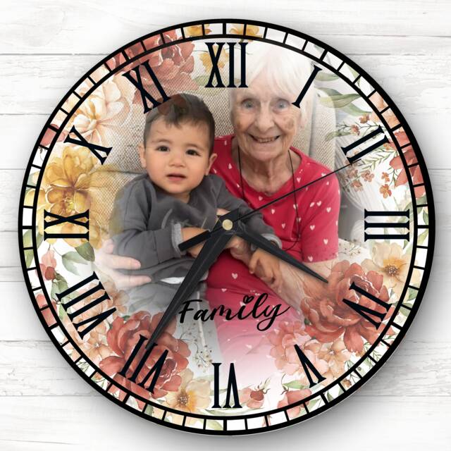 Autum Floral Family Photo Custom Gift Personalised Clock - image 1