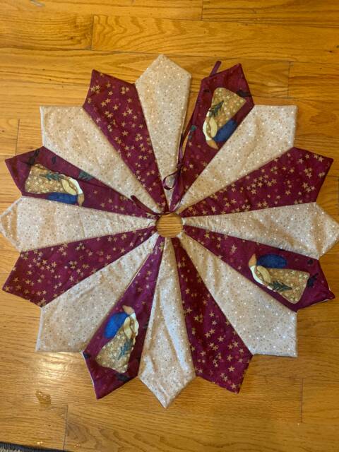 Christmas Tree Skirt, 26 Inch Diameter, Table Top, Mini, Santa, Small, Primitive, Burgundy, Stars, Father - image 1