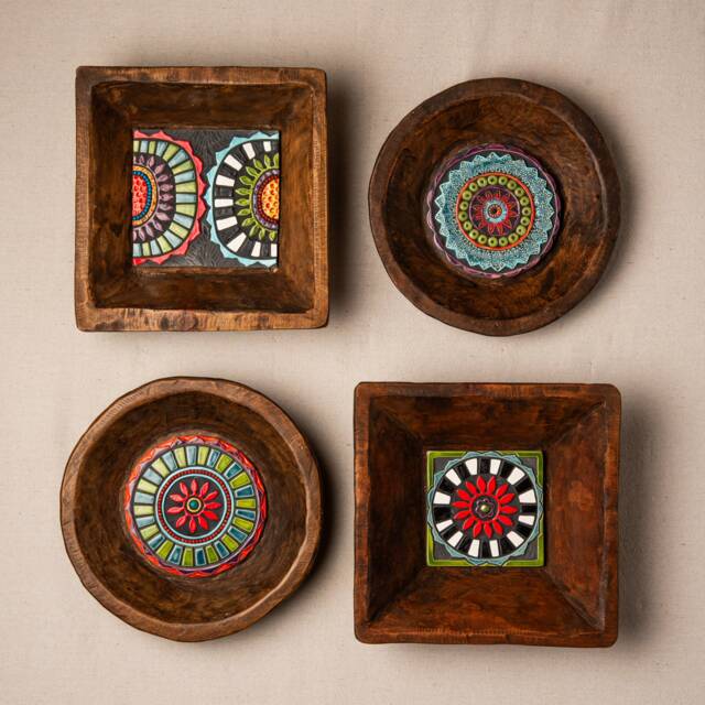 Ceramic Wall Art Set Of 4 With Hand Carved Wood Dough Bowl Frames 12 - image 1
