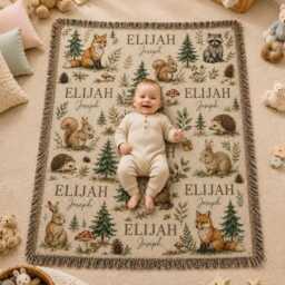 Personalized Woodland Animal Woven Blanket, Custom Name Baby Forest Friends Nursery Boy Gift - thumbnail 3