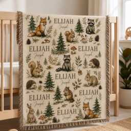 Personalized Woodland Animal Woven Blanket, Custom Name Baby Forest Friends Nursery Boy Gift - thumbnail 2