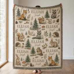 Personalized Woodland Animal Woven Blanket, Custom Name Baby Forest Friends Nursery Boy Gift - thumbnail 1