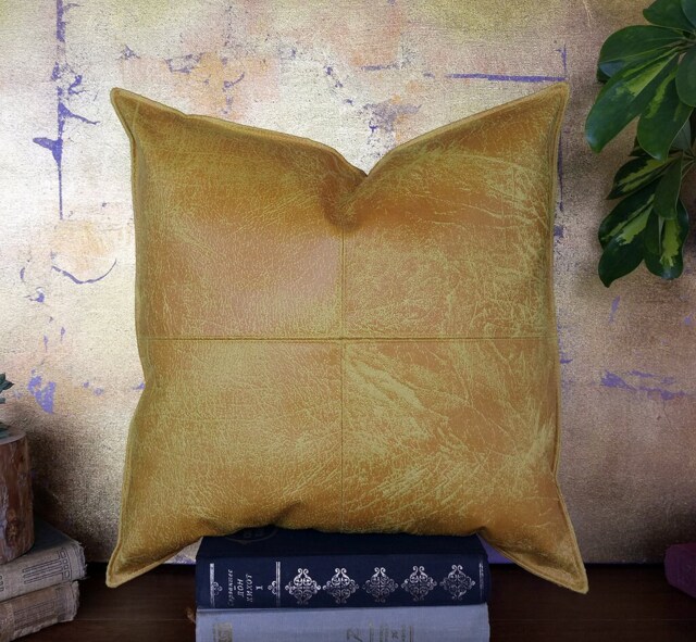 Yellow Vegan Leather Pillow Cover Modern Scandinavian Home Decor - image 1