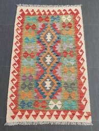 Kilim Rug, Handmade Artisan Afghan Turkish Aztec Geometric Wool Rug 126x77 cm - thumbnail 1
