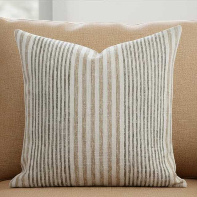 Neutral Beige Stripe Pillow Cover Woven Upholstery Cushion Farmhouse Tan Cream Sofa Modern Decor - image 1