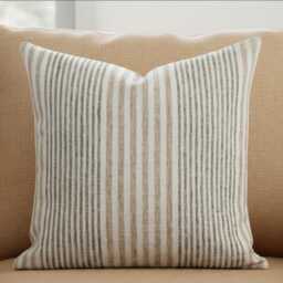 Neutral Beige Stripe Pillow Cover Woven Upholstery Cushion Farmhouse Tan Cream Sofa Modern Decor - thumbnail 1