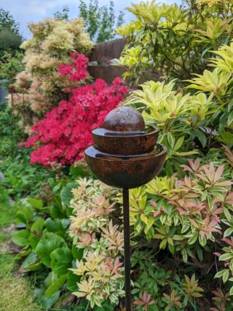 Rusty Rain Catcher Ball Fountain Metal Garden Ornament - image 1