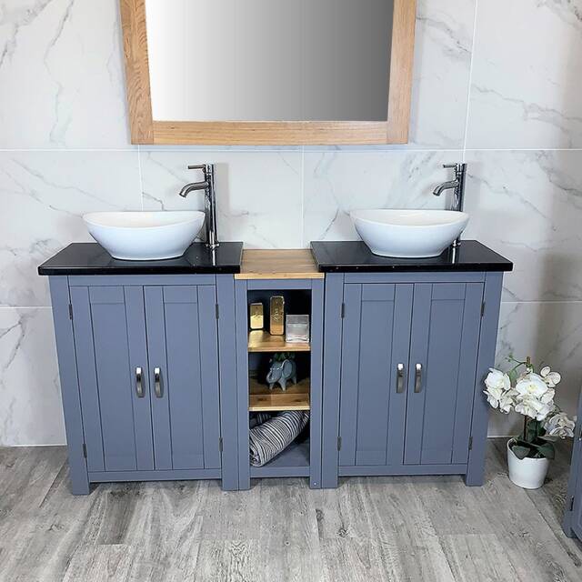 Grey Painted Solid Wood Double Vanity Unit - Black Quartz Top, Ceramic Basins - image 1