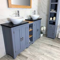 Grey Painted Solid Wood Double Vanity Unit - Black Quartz Top, Ceramic Basins - thumbnail 3