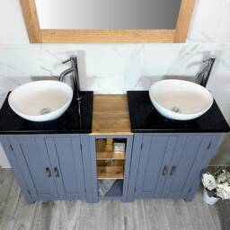 Grey Painted Solid Wood Double Vanity Unit - Black Quartz Top, Ceramic Basins - thumbnail 2