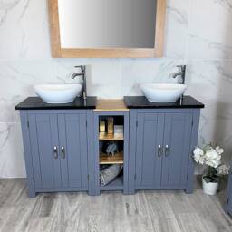 Grey Painted Solid Wood Double Vanity Unit - Black Quartz Top, Ceramic Basins