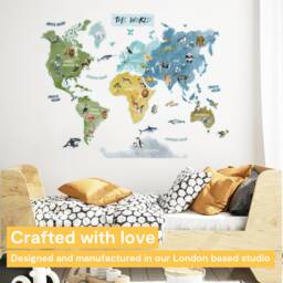 Kids World Map Wall Decal - PVC Free, No Odour Repositionable Peel & Stick Fabric Sticker - thumbnail 2
