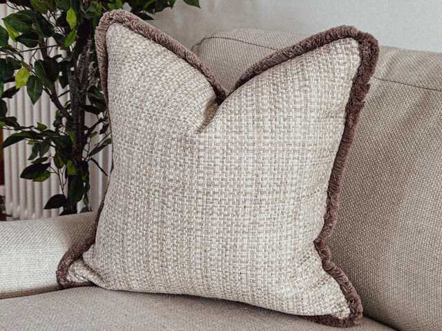 Cream Textured Cushion Cover With Fringe - Basket Weave Throw Pillow Neutral Decor All Sizes & Colours - Lexi - image 1