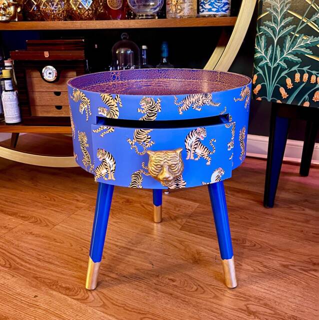 Blue Tiger Bedside Table With Navy Blue & Orange Top . Fun Bright Home Decor Ideal For Nightstand Or Side Table. Inbuilt Drawer - image 1