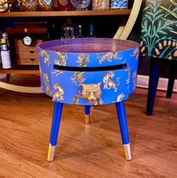 Blue Tiger Bedside Table With Navy Blue & Orange Top . Fun Bright Home Decor Ideal For Nightstand Or Side Table. Inbuilt Drawer