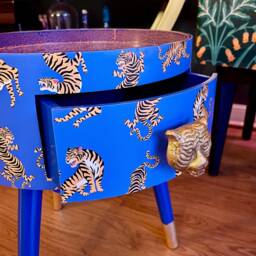 Blue Tiger Bedside Table With Navy Blue & Orange Top . Fun Bright Home Decor Ideal For Nightstand Or Side Table. Inbuilt Drawer - thumbnail 3