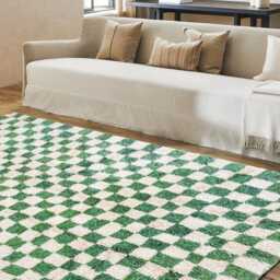 Green Checkered Moroccan Rug, Shag White & Checker Rug, Large Area Berber Rug - thumbnail 3