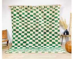 Green Checkered Moroccan Rug, Shag White & Checker Rug, Large Area Berber Rug - thumbnail 1