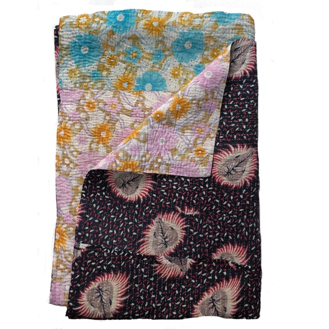 Sale Kantha Throw - Red & Beige On Black. Reverse Multicoloured. Unique/One Of A Kind/Vintage/Boho - image 1
