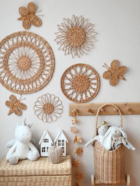 Wicker Wall Basket Set Boho Nursery Decor, Flower & Butterfly Accents - image 1