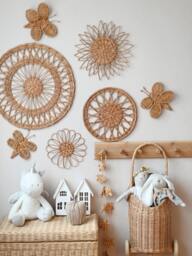 Wicker Wall Basket Set Boho Nursery Decor, Flower & Butterfly Accents - thumbnail 1