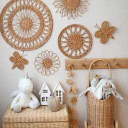 Wicker Wall Basket Set Boho Nursery Decor, Flower & Butterfly Accents - thumbnail 3