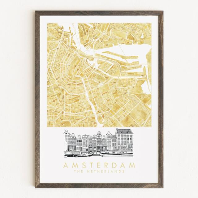 Amsterdam Watercolor Map & Architectural Sketch Netherlands City Block Plan - Art Print Wedding Graduation Gift European Travel - image 1