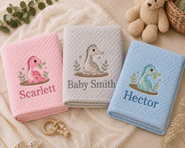 Baby Dinosaur Embroidered Blanket Personalised With Baby's Name 90cm X 70cm - image 1
