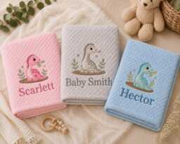 Baby Dinosaur Embroidered Blanket Personalised With Baby's Name 90cm X 70cm