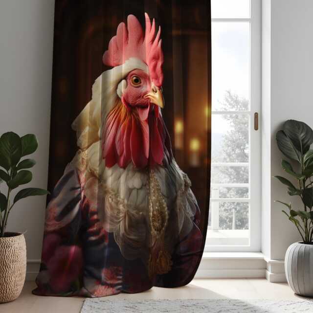 Regal Chicken Portrait Curtains, Funny Renaissance Rooster Drapes, Baroque Farmhouse Window Panels For Whimsical Home Decor - image 1