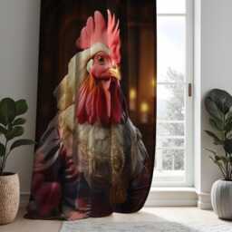 Regal Chicken Portrait Curtains, Funny Renaissance Rooster Drapes, Baroque Farmhouse Window Panels For Whimsical Home Decor