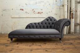 British Handmade Grey Velvet Fabric Chesterfield Chaise Lounge - thumbnail 1