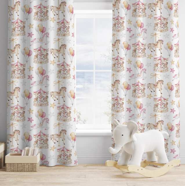Carousel - Pink, Curtains, Blackout Or Non Blackout, Eyelet, Pencil Pleat Rod Pocket, Horse Home Decor - image 1