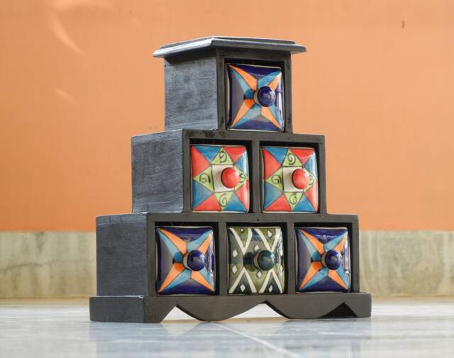 Wooden & Ceramic 6 Chest Of Drawer, Desk Organiser, Handmade, Ethnic, Indian Style, Height 9.5 Inches - image 1
