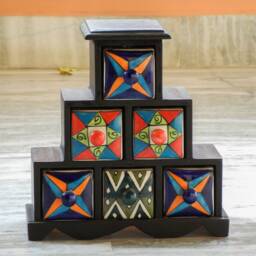 Wooden & Ceramic 6 Chest Of Drawer, Desk Organiser, Handmade, Ethnic, Indian Style, Height 9.5 Inches - thumbnail 3