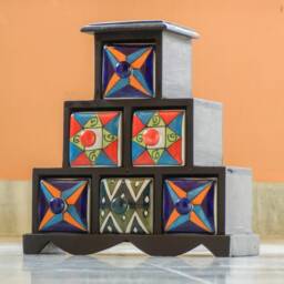 Wooden & Ceramic 6 Chest Of Drawer, Desk Organiser, Handmade, Ethnic, Indian Style, Height 9.5 Inches - thumbnail 4