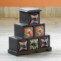 Wooden & Ceramic 6 Chest Of Drawer, Desk Organiser, Handmade, Ethnic, Indian Style, Height 9.5 Inches - thumbnail 2
