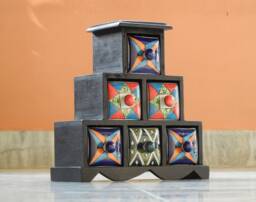 Wooden & Ceramic 6 Chest Of Drawer, Desk Organiser, Handmade, Ethnic, Indian Style, Height 9.5 Inches - thumbnail 1