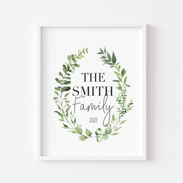 Personalised Family Name Print Green Watercolour Wreath Wall Art - Unframed - image 1