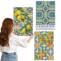 Canvas Wall Art Set Of 3 - Lemon Blossoms & Oranges in Italian Style, Orange Art, Plants Flowers Decor - thumbnail 2