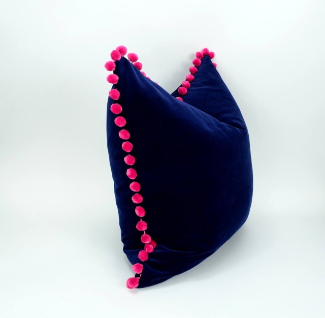 Pink Pom Pillow // Navy & Velvet Cushion Poms Fuschia - image 1