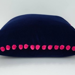 Pink Pom Pillow // Navy & Velvet Cushion Poms Fuschia - thumbnail 3